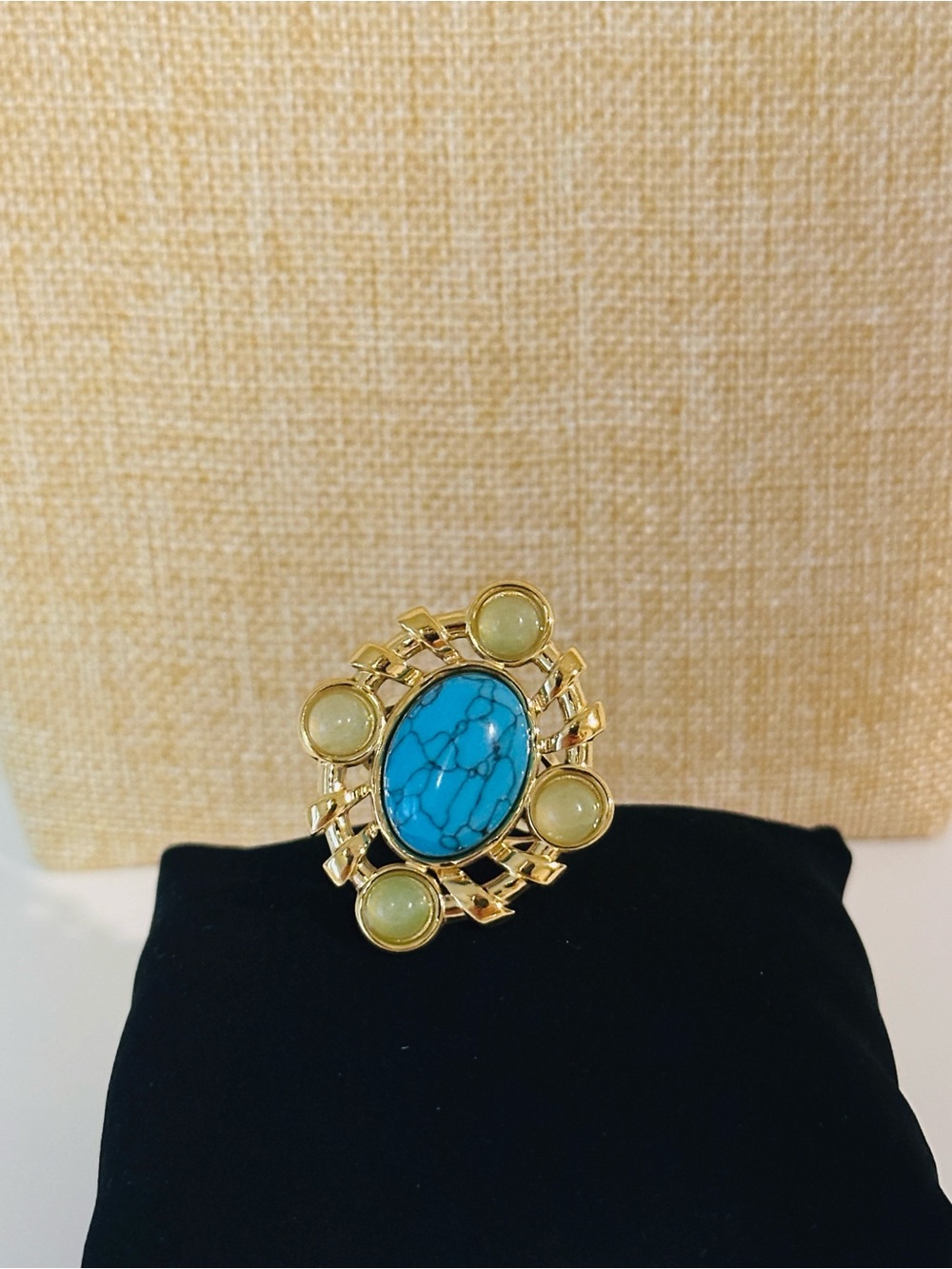 Fashion Jewelry Gold-Tone Ring with Bright Turquoise and Light Green Cabochons